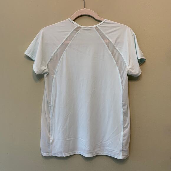 Athleta Crew Neck Top Women XS Blue Sheer Side Panels Short Sleeves Ultra Light - Picture 2 of 8